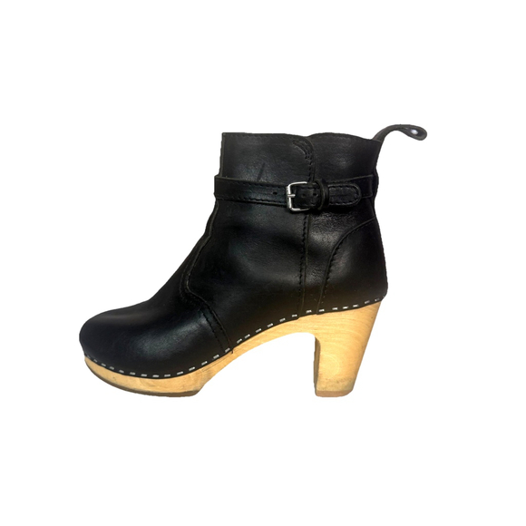 Swedish Hasbeens Jodhpur Toffel Wood Clog Black Leather Strap Boots - Picture 5 of 16